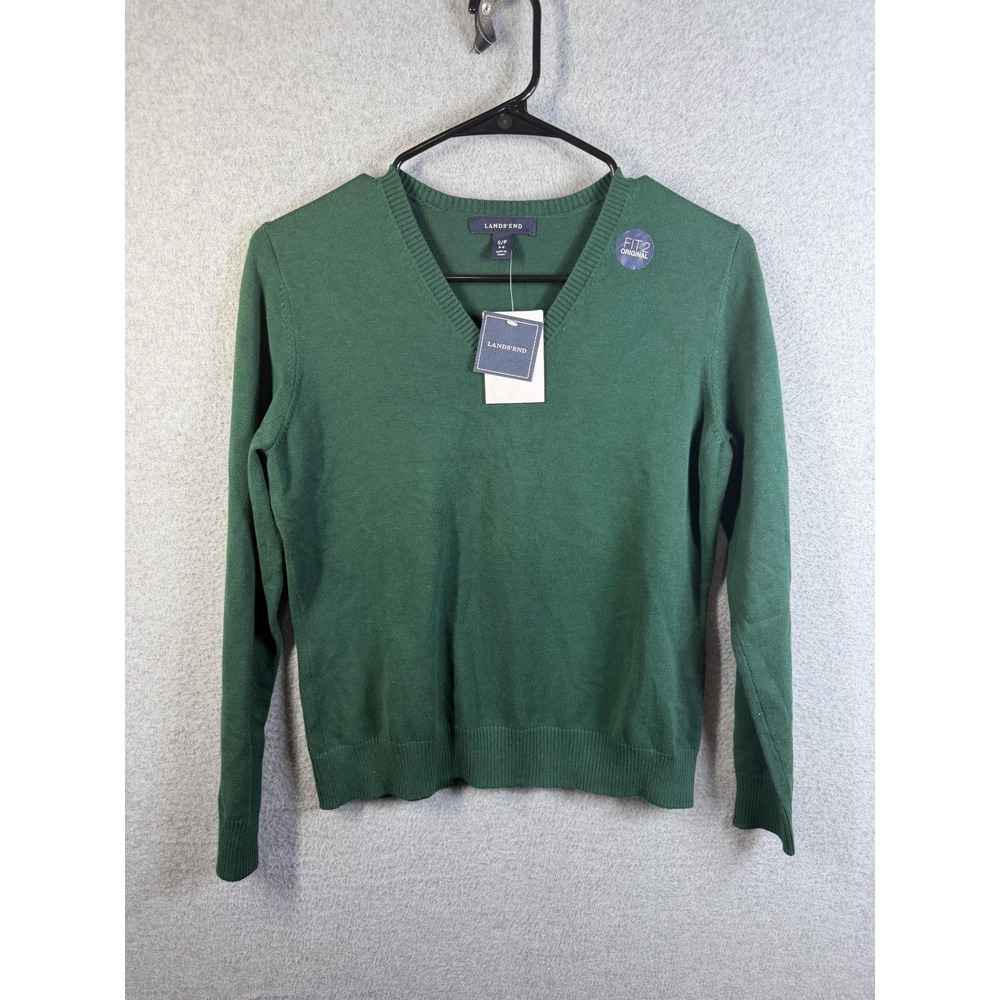 Lands End Sweater Womens Petite Small Green V Neck Original Fit 2 Pullover